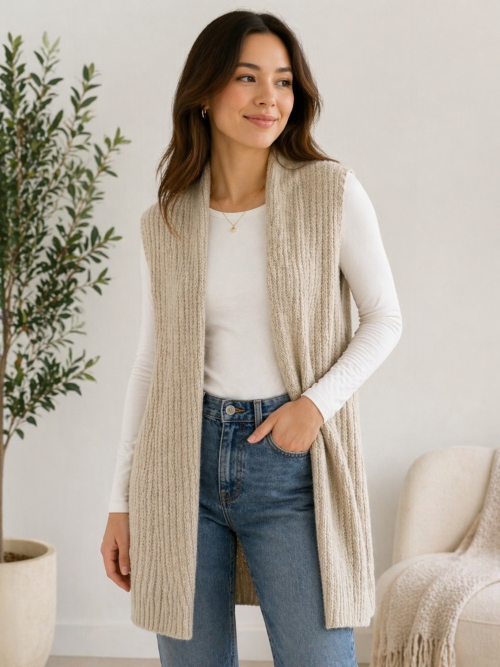 GAP Ribbed Knit Open Front Cardigan Vest Beige Size Medium Cozy Layering